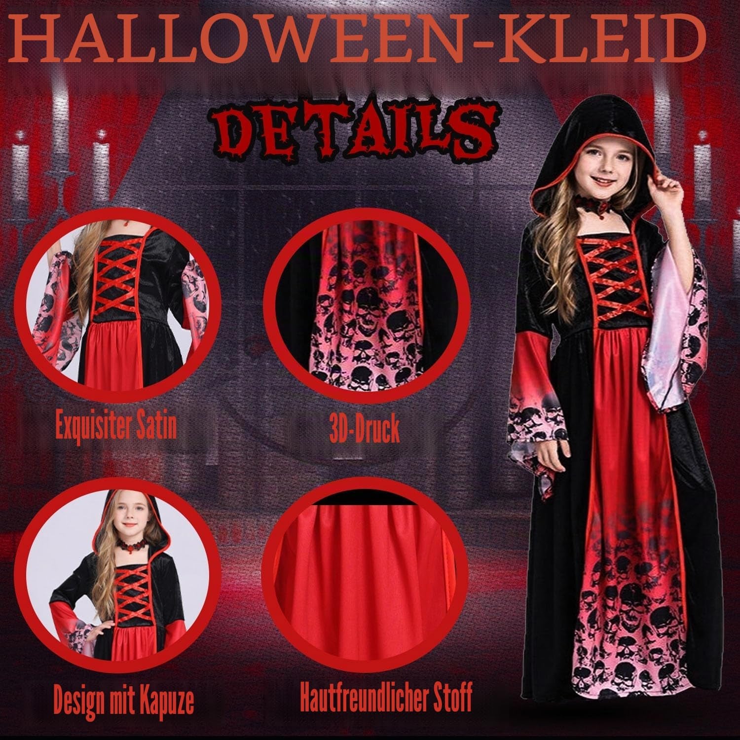 Vampir Kostüm Kinder,Halloween Kostüm Vampir Mit Halsband,Gothic Viktorianische Halloween Kostüm Mädchen,Halloween Kostüm Mädchen Für Halloween Karneval Fasching Mottoparty, Rot-Schwarz