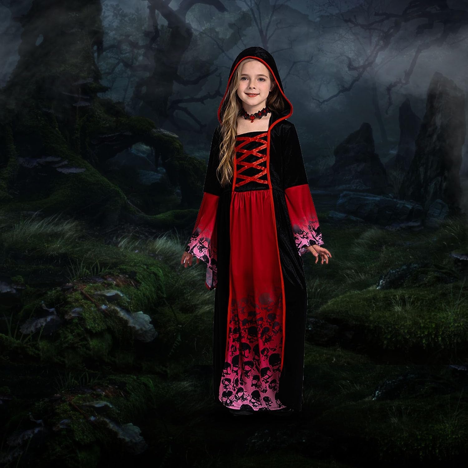 Vampir Kostüm Kinder,Halloween Kostüm Vampir Mit Halsband,Gothic Viktorianische Halloween Kostüm Mädchen,Halloween Kostüm Mädchen Für Halloween Karneval Fasching Mottoparty, Rot-Schwarz