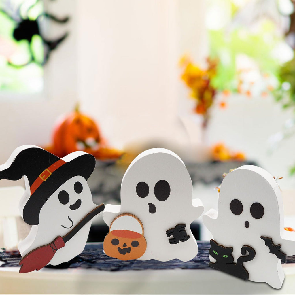 3 Stück Halloween Geister Figuren Dekoration, Halloween Deko Innen Spukdekoration, Einzigartliche Halloween Ghost Katze Fledermaus Aus Holz, Für Halloween-Partys, Tischdekoration, Innendekoration