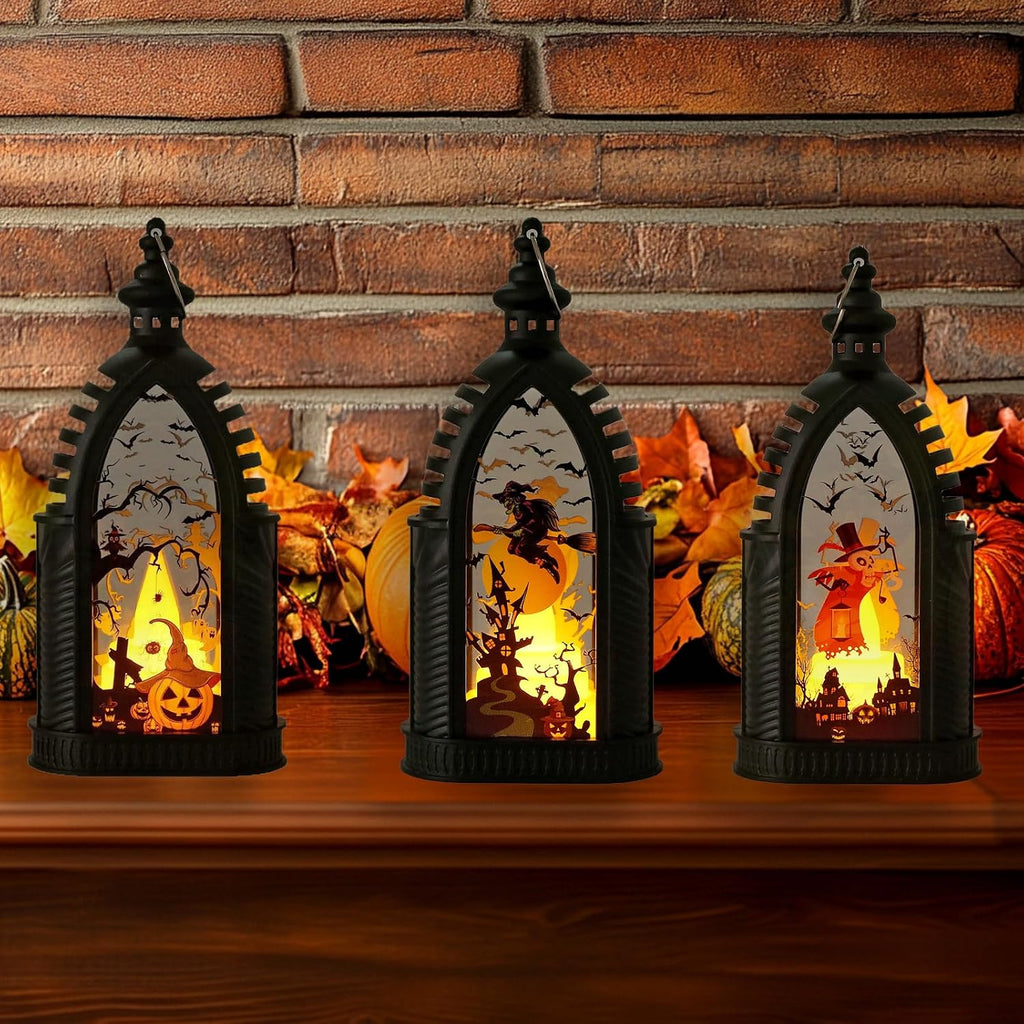 3 Stück Halloween Laterne,15 Cm Halloween LED Kerzenlaterne Mit Hexe Geist