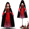 Vampir Kostüm Kinder,Halloween Kostüm Vampir Mit Halsband,Gothic Viktorianische Halloween Kostüm Mädchen,Halloween Kostüm Mädchen Für Halloween Karneval Fasching Mottoparty, Rot-Schwarz