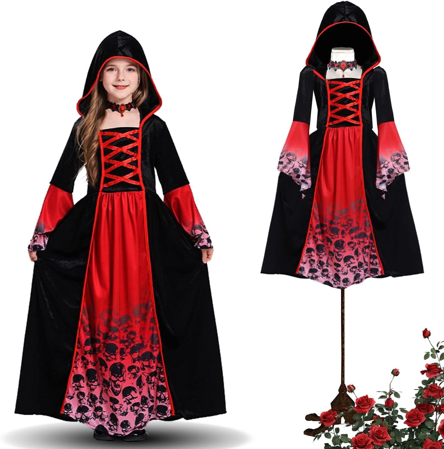 Vampir Kostüm Kinder,Halloween Kostüm Vampir Mit Halsband,Gothic Viktorianische Halloween Kostüm Mädchen,Halloween Kostüm Mädchen Für Halloween Karneval Fasching Mottoparty, Rot-Schwarz