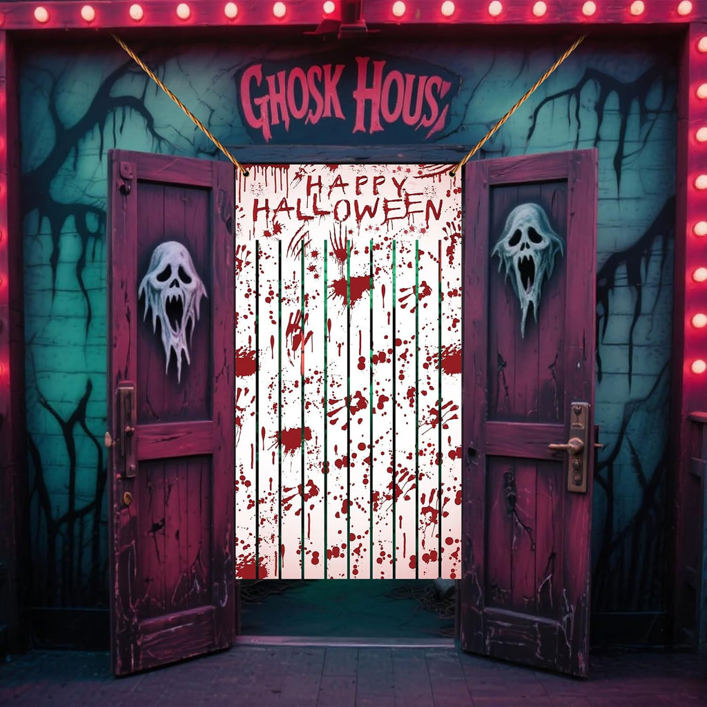 DPKOW Blutige Halloween Türvorhang Banner Deko Halloween Türdeko, Stoff Gruseliger Türbanner Spukhaus Party Indoor Outdoor Deko, Halloween-Deko Haustür Blutigen Hand- Und Fußabdrücken, 165 * 90CM