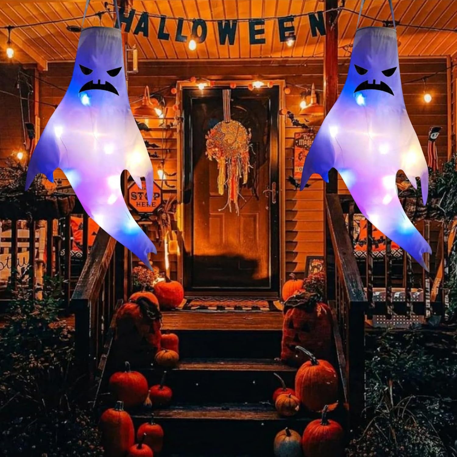 Halloween Deko Outdoor Windsack, 2 Stück Halloween Geist Dekoration Windsäcke Garten Geist Garden Decor Halloween Hängende Deko, Halloween Windsäcke Hängen Ghost Für Party Horror - 47CM (B)