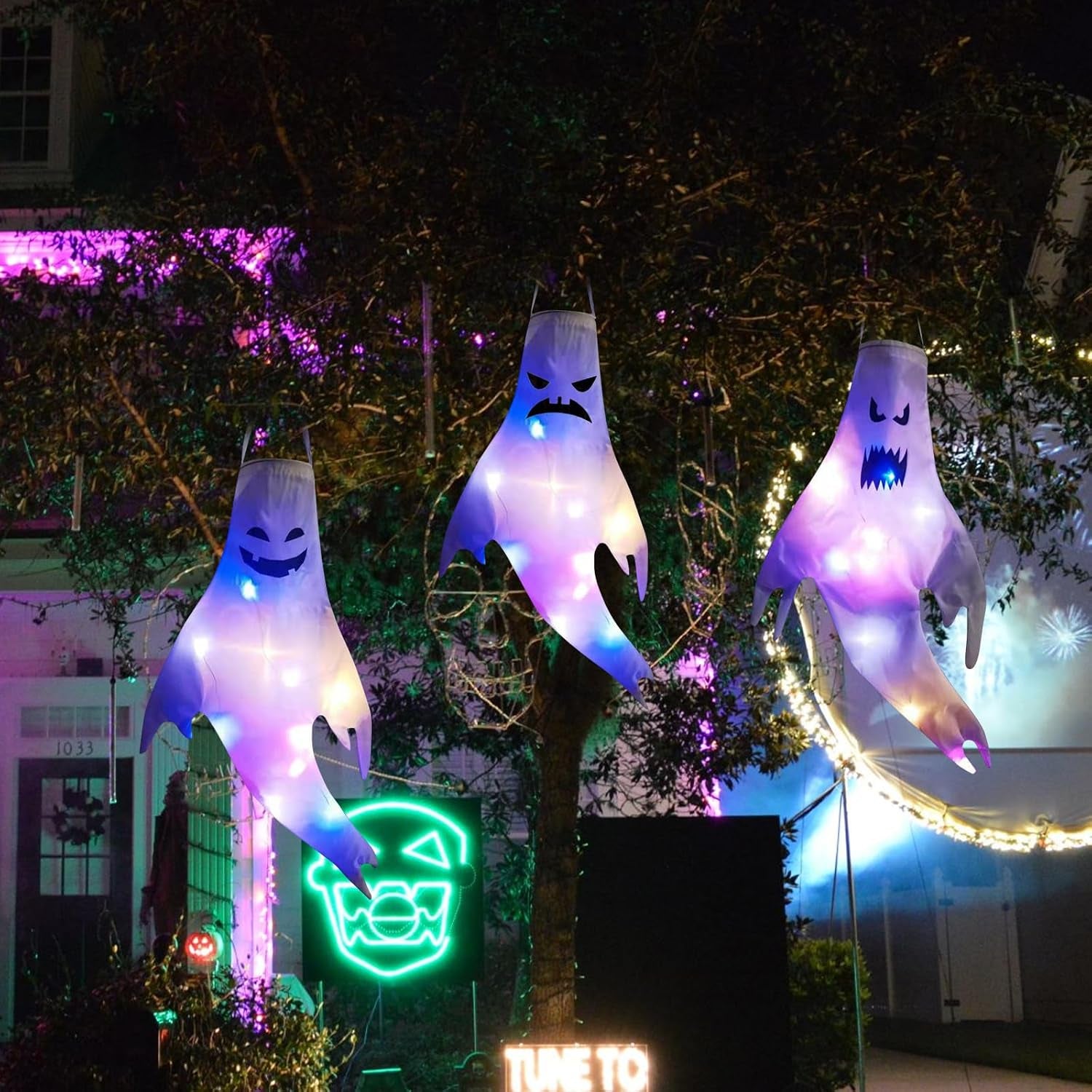 Halloween Deko Outdoor Windsack, 2 Stück Halloween Geist Dekoration Windsäcke Garten Geist Garden Decor Halloween Hängende Deko, Halloween Windsäcke Hängen Ghost Für Party Horror - 47CM (B)