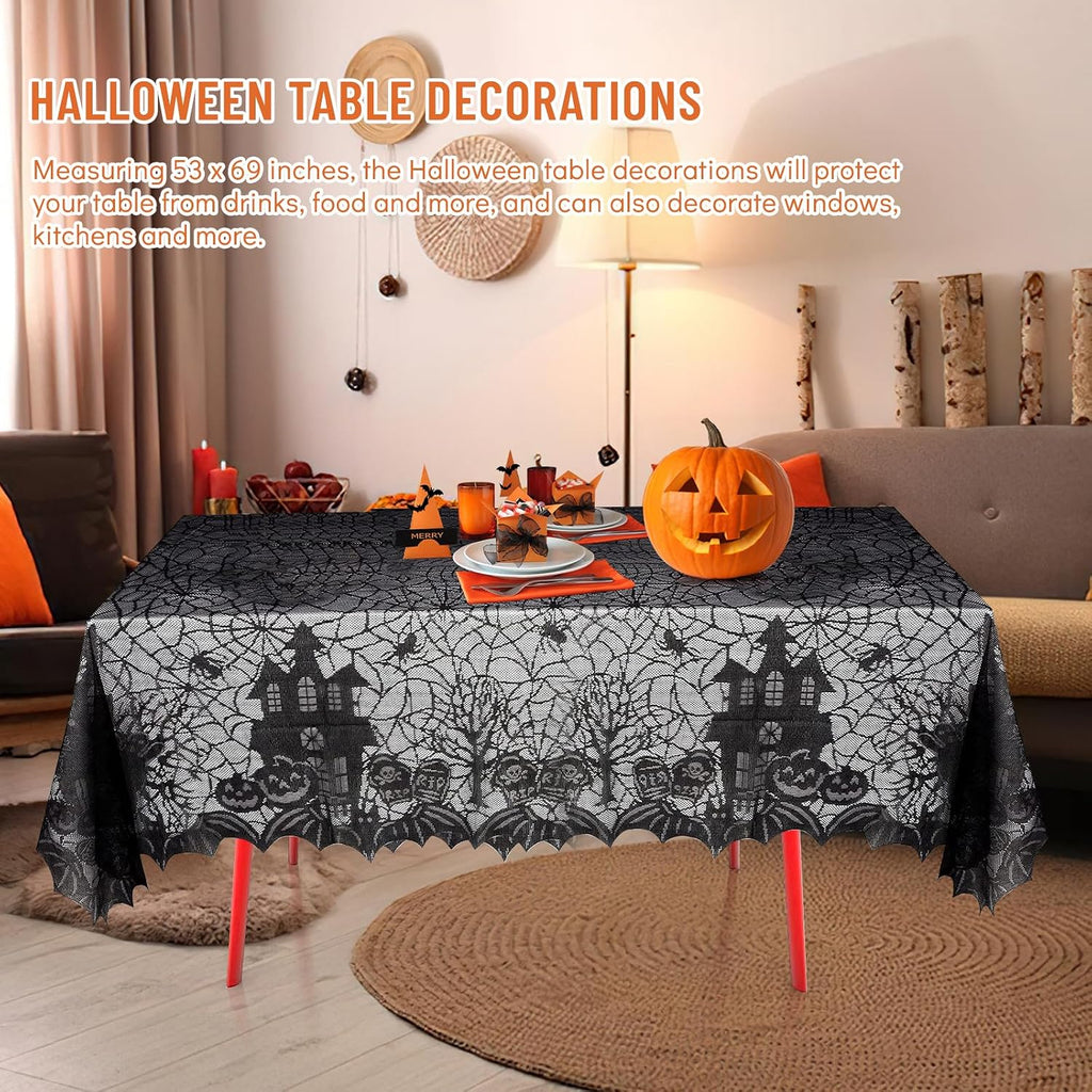 Halloween Tischdecke Spinnennetz, Halloween Tischdecke Spitze Deko,Tischdecke Mit Spukhaus Schloss,135 X 175 Cm Schloss Horror Tischtuch Dekoration Halloween Party-Dekoration
