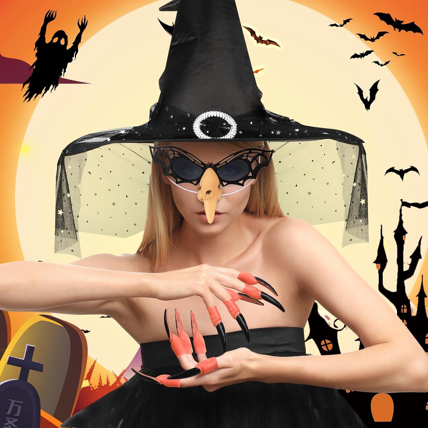 6STK Hexenkostüm Damen Halloween, Hexenumhang Hexenhüte Skelett Handschuhe Halloween Brille Hexennägel Hexennase, Halloween Kostüm Zubehör, Hexen Zubehör Halloween Kostüm Damen Hexe Zubehör
