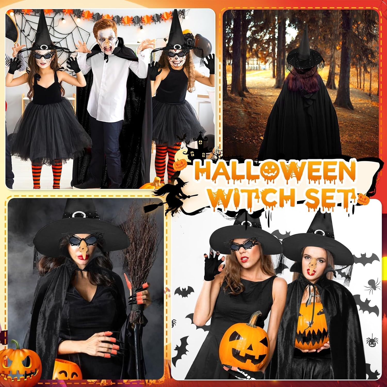 6STK Hexenkostüm Damen Halloween, Hexenumhang Hexenhüte Skelett Handschuhe Halloween Brille Hexennägel Hexennase, Halloween Kostüm Zubehör, Hexen Zubehör Halloween Kostüm Damen Hexe Zubehör