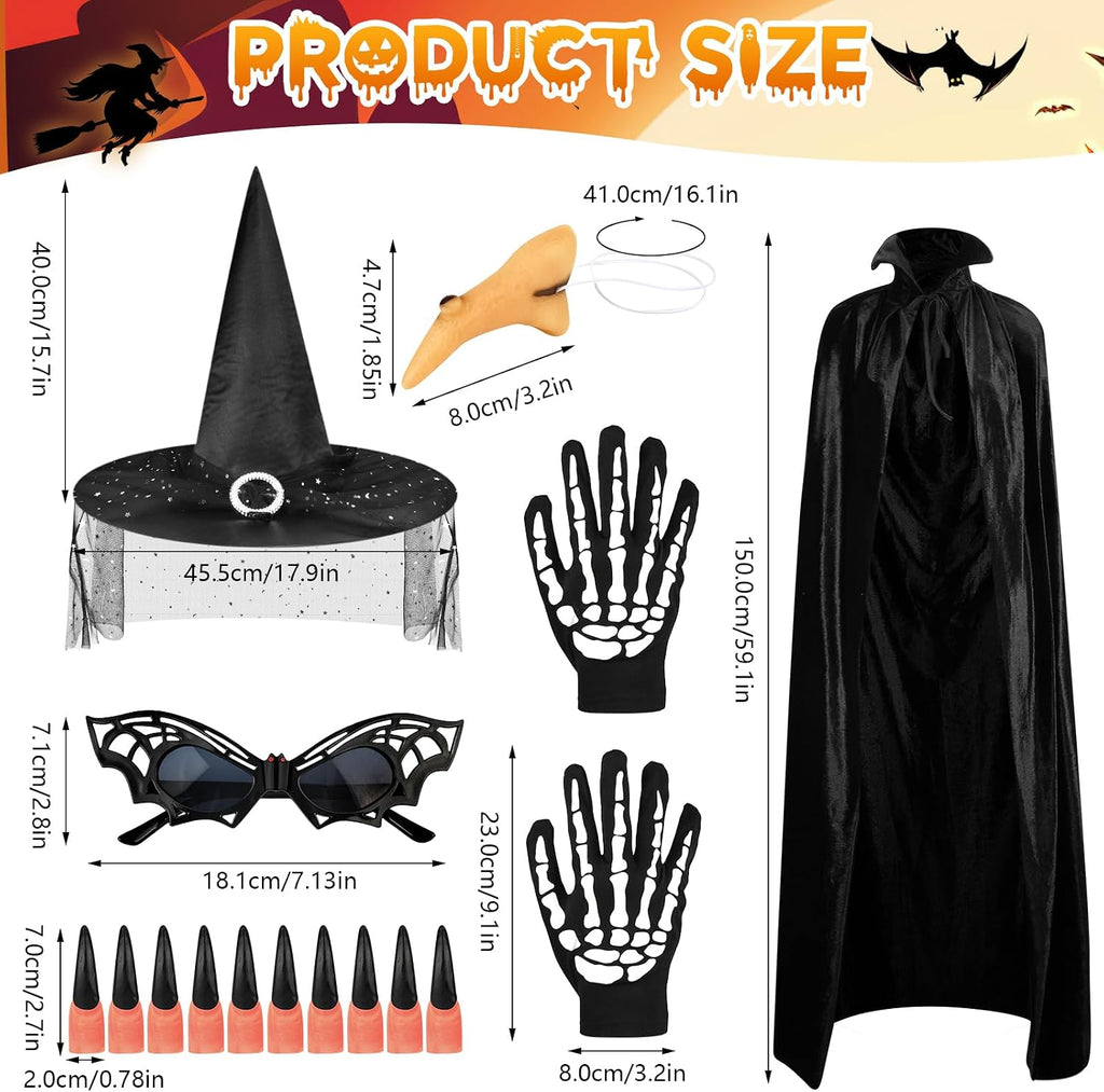 6STK Hexenkostüm Damen Halloween, Hexenumhang Hexenhüte Skelett Handschuhe Halloween Brille Hexennägel Hexennase, Halloween Kostüm Zubehör, Hexen Zubehör Halloween Kostüm Damen Hexe Zubehör