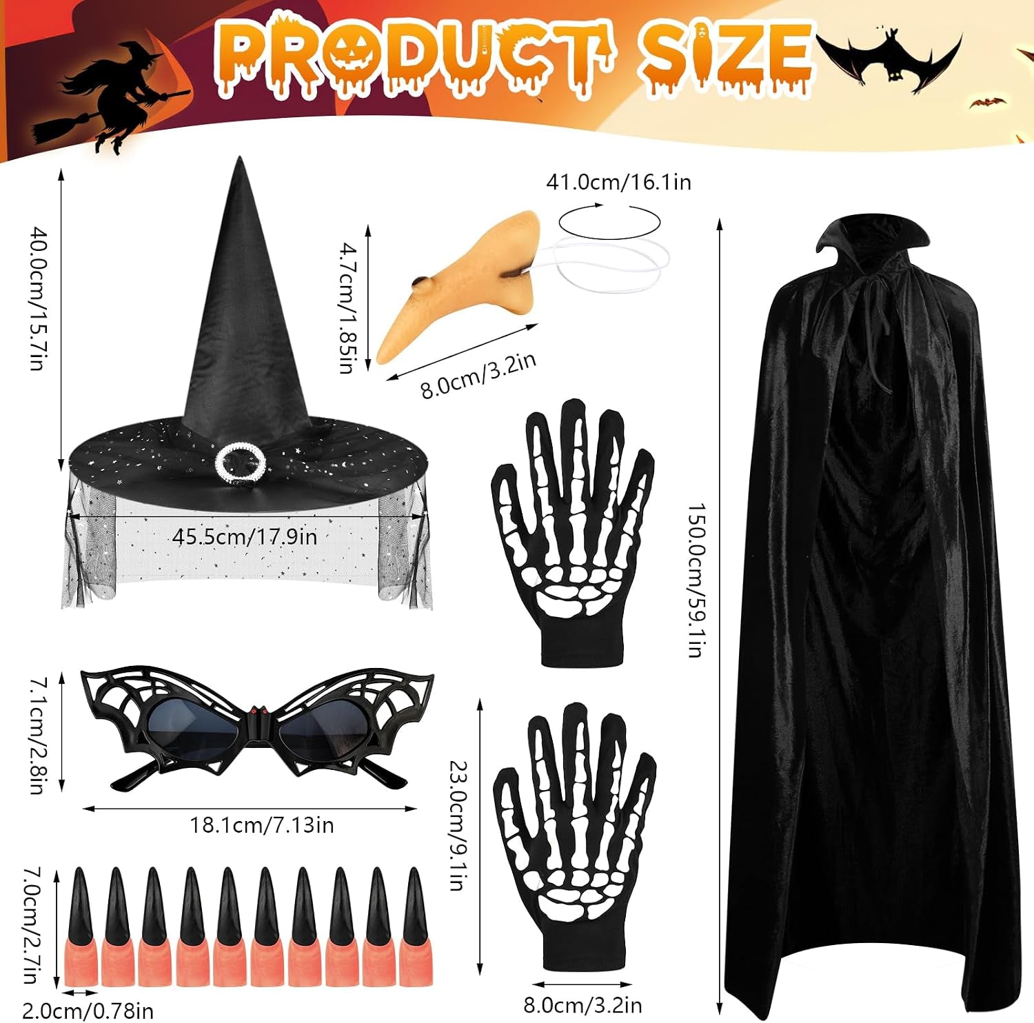 6STK Hexenkostüm Damen Halloween, Hexenumhang Hexenhüte Skelett Handschuhe Halloween Brille Hexennägel Hexennase, Halloween Kostüm Zubehör, Hexen Zubehör Halloween Kostüm Damen Hexe Zubehör