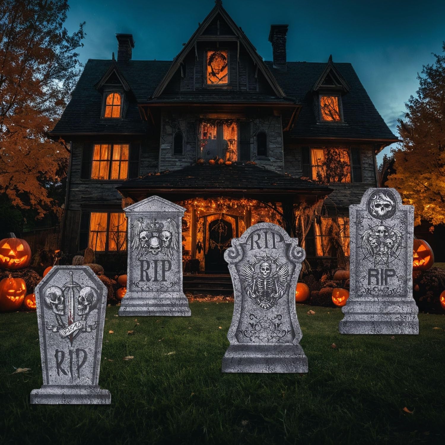 Halloween Grabstein Requisiten, 4 Stück Wasserdichtes Halloween Grabsteine Deko Mit 8 Stück Lichterkette, Den Außenbereich Gruselige Grabsteine, Für Garten Dekoration